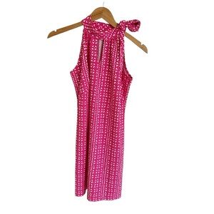 Katherine Way size Medium Pink Lattice Print Halter Tie Neck Dress Travel Preppy